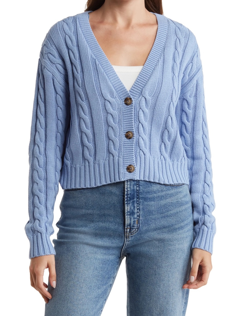 Elodie Light Blue Cropped Cable-Knit V-Neck Cardigan
